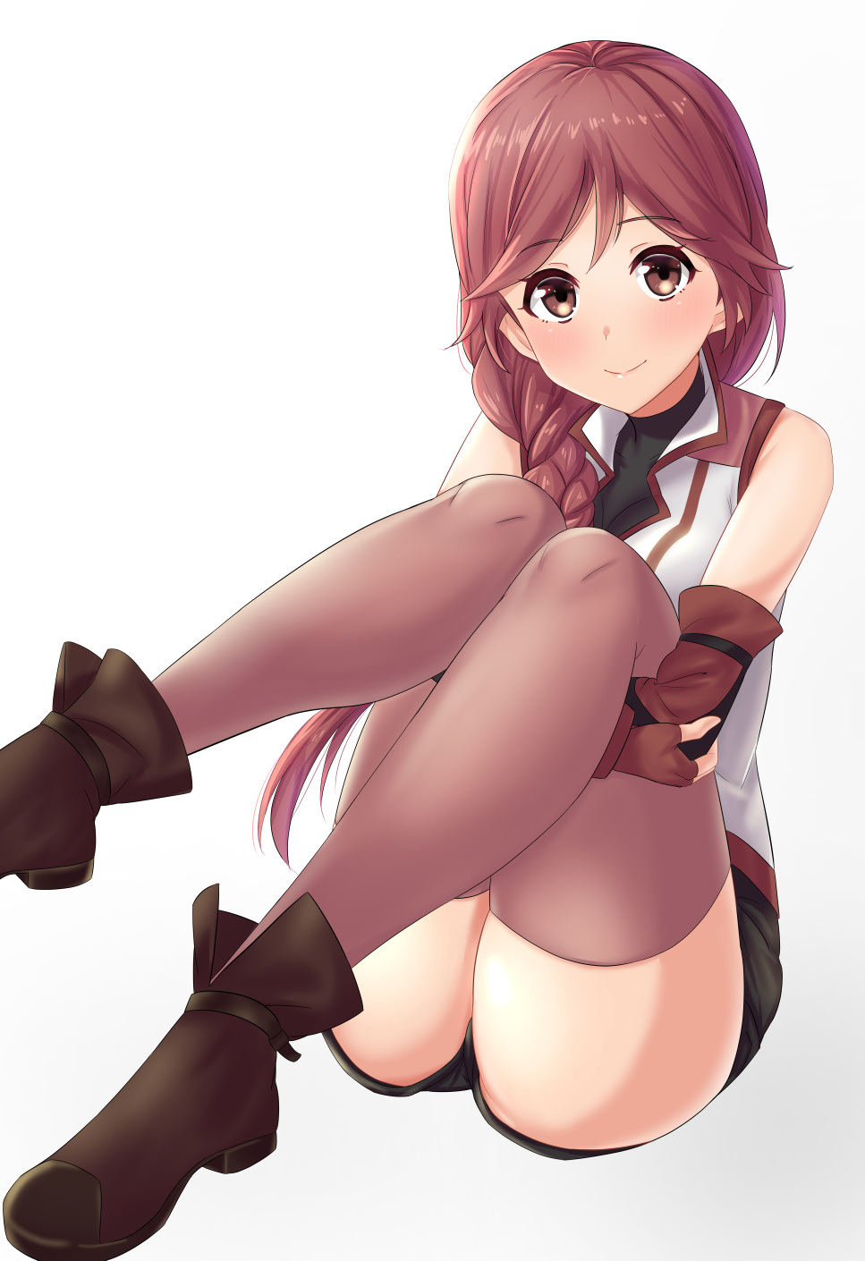 1girl, black_shorts, blush, boots, braid, braided_ponytail, brown_boots, brown_eyes, brown_gloves, brown_hair, brown_sleeves, brown_thighhighs, detached_sleeves, female_focus, fingerless_gloves, gloves, hai_to_gensou_no_grimgar, hair_over_shoulder, highres, jacket, leg_up, long_hair, looking_at_viewer, miyazumi, short_shorts, shorts, simple_background, single_braid, sitting, sleeveless, sleeveless_jacket, smile, solo, thighhighs, white_background, white_jacket, yume_(grimgar)