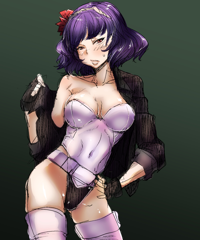 1girl, bakuya, belt, black_gloves, breasts, cleavage, collarbone, contrapposto