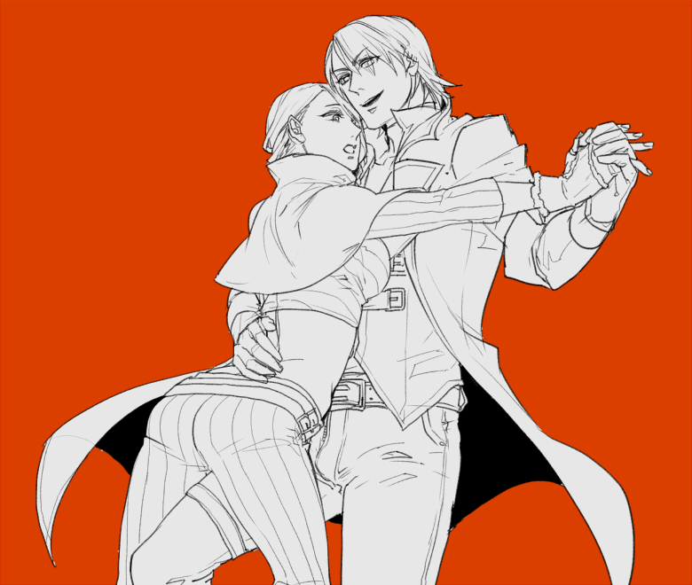 1boy, 1girl, arched_back, belt, breasts, commentary_request, cowboy_shot, dante_(devil_may_cry), devil_may_cry, devil_may_cry_(series), devil_may_cry_2, gloves, hair_over_one_eye, holding_hands, interlocked_fingers, long_hair, lucia_(devil_may_cry), midriff, monochrome, nanigashi_(xla009), pants, pinstripe_pants, pinstripe_pattern, red_background, simple_background, striped