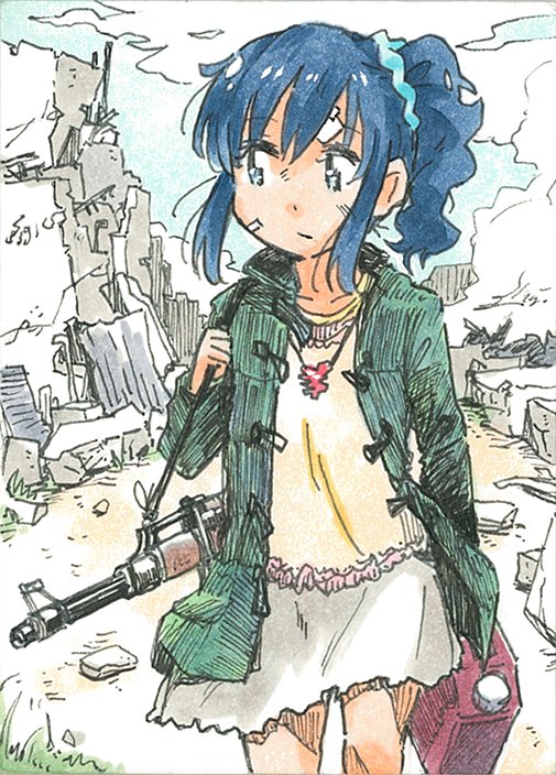 1girl, aikatsu!, aikatsu!_(series), blue_eyes, blue_hair, blue_scrunchie, coat, duffel_coat, gun, hair_ornament, hair_scrunchie, jerry_can, jewelry, kemhok, kiriya_aoi, necklace, open_clothes, open_coat, rifle, scrunchie, side_ponytail, skirt, traditional_media, weapon