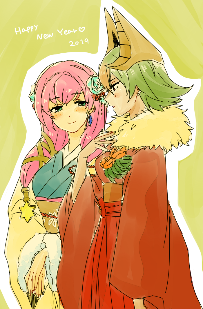 2019, 2girls, blonde_hair, blue_flower, blue_kimono, blush, braid, breasts