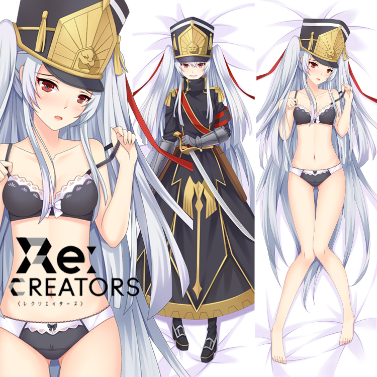 1girl, altair_(re:creators), barefoot, bed_sheet, black_bra, black_dress, black_panties, blush, bra, breasts, cleavage, dakimakura_(medium), dress, from_above, full_body, gauntlets, hair_ribbon, hat, head_tilt, holding, holding_sword, holding_weapon, long_dress, long_hair, looking_at_viewer, lying, miao_fan, military_hat, multiple_views, navel, off_shoulder, on_back, open_mouth, panties, re:creators, red_eyes, red_ribbon, ribbon, saber_(weapon), silver_hair, small_breasts, sword, twintails, underwear, underwear_only, very_long_hair, weapon