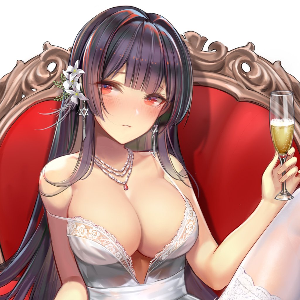 1girl, alcohol, bare_shoulders, blush, breasts, champagne_flute, cleavage, cup