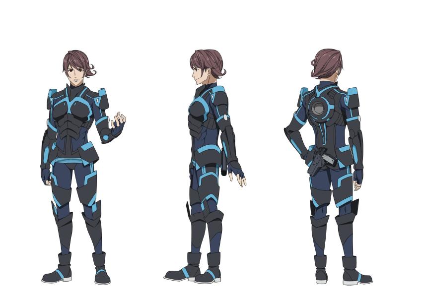 1boy, armor, ass, black_bodysuit, black_footwear, blue_bodysuit, blue_gloves, bodysuit, brown_eyes, brown_hair, reference_sheet, clenched_hand, egao_no_daika, from_behind, from_side, full_body, gloves, grey_footwear, gun, gun_request, hand_on_own_hip, hand_up, highres, huey_malthus, kneepits, looking_at_viewer, male_focus, multiple_views, muscular, nakamura_naoto, official_art, open_hand, parted_lips, pilot_suit, profile, shoulder_pads, simple_background, smile, standing, weapon, white_background