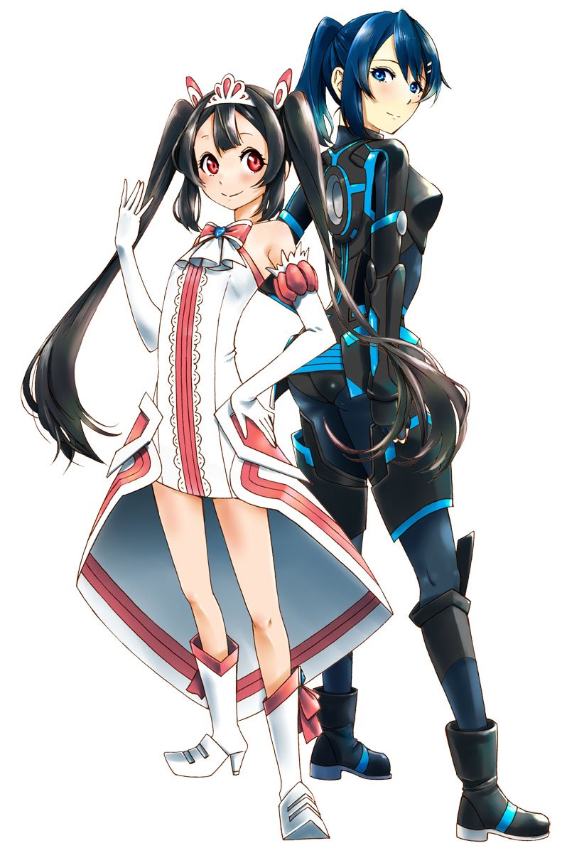 2girls, armor, ascot, ass, back-to-back, bare_shoulders, black_bodysuit, black_hair