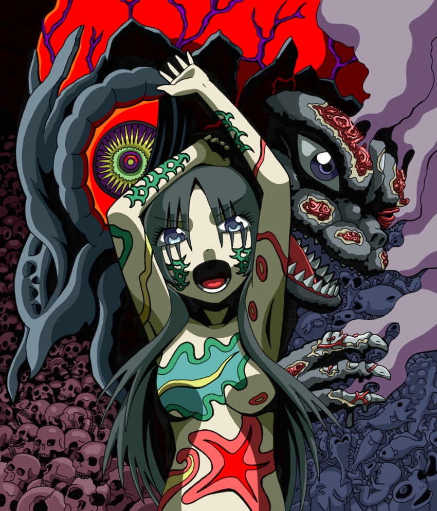 1girl, acid, acid_burn, alien, battle_damage, beni_beni136, bleeding, blood, bodypaint, bodystocking, bone, brain, breasts, burns, chemical_burn, damaged, dinosaur, eyeshadow, fetus, fish, fujinomiya_miki, giant, giant_monster, glowing, glowing_eyes, godzilla, godzilla_(series), godzilla_vs._hedorah, hedorah, highres, hippie, horror_(theme), injury, kaiju, long_hair, makeup, melted, melting, monster, muscle_fiber, nude, one_eye_closed, pollution, red_eyes, scar, scar_across_eye, scar_on_face, skull, slime_(creature), slime_(substance), smoke, space_monster, toho