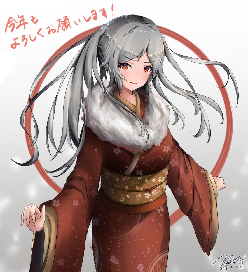 1girl, absurdres, alternate_costume, dated, female_focus, female_robin_(fire_emblem), female_robin_(grima)_(fire_emblem), fire_emblem, fire_emblem_awakening, fire_emblem_heroes, grey_hair, grima_(fire_emblem), highres, japanese_clothes, kasumi_ao_021, kimono, long_sleeves, nintendo, obi, parted_lips, red_eyes, sash, signature, solo, twintails, wide_sleeves