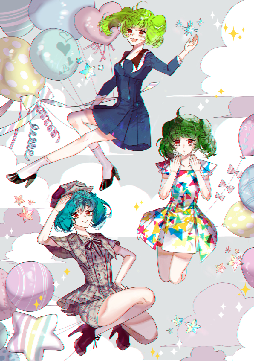 :d, :o, abstract_background, absurdres, ahoge, alternate_costume, alternate_hair_color, balloon, blue_dress, cross-laced_footwear, detective, dress, ga.n, gradient_eyes, green_hair, hand_on_own_hip, hand_on_own_head, hand_up, hands_up, high_heels, highres, lace-up_heels, macross, macross_frontier, multicolored_eyes, multiple_persona, open_mouth, plaid, pleated_dress, ranka_lee, red_eyes, smile