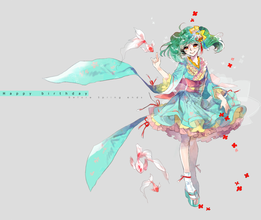 1girl, \m/, ahoge, alternate_costume, flower, frilled_kimono, frills, ga.n, geta, gradient_eyes, green_hair, hair_ornament, happy_birthday, japanese_clothes, kimono, kimono_skirt, koi, macross, macross_frontier, multicolored_eyes, ranka_lee, red_eyes, red_flower, ribbon, short_kimono, smile, tabi, wide_sleeves, wind, wind_lift