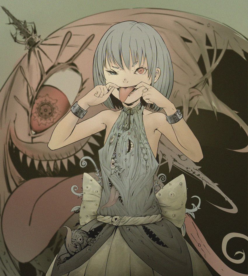 absurdres, adapted_costume, alternate_costume, blue_hair, bob_cut, choker, commentary, cthulhu, eldritch_abomination, eyelashes, fangs, googerm, heterochromia, highres, horror_(theme), huge_filesize, karakasa_obake, living_clothes, sleeveless, solo, tatara_kogasa, tongue, tongue_out, touhou, umbrella
