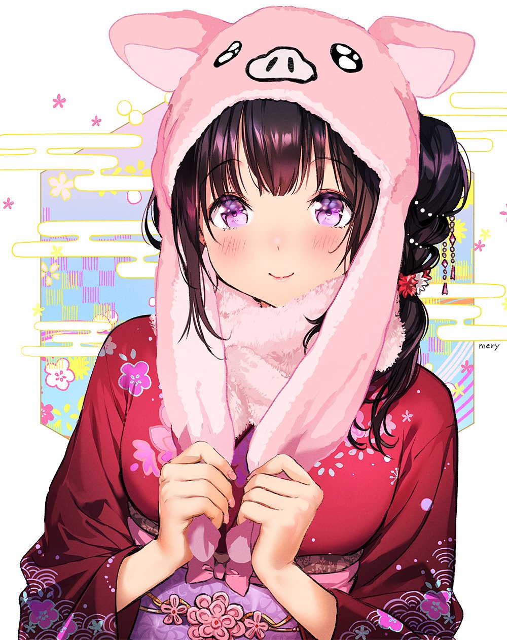 1girl, animal_hood, artist_name, black_hair, chitanda_eru, female_focus, floral_print, hair_ornament