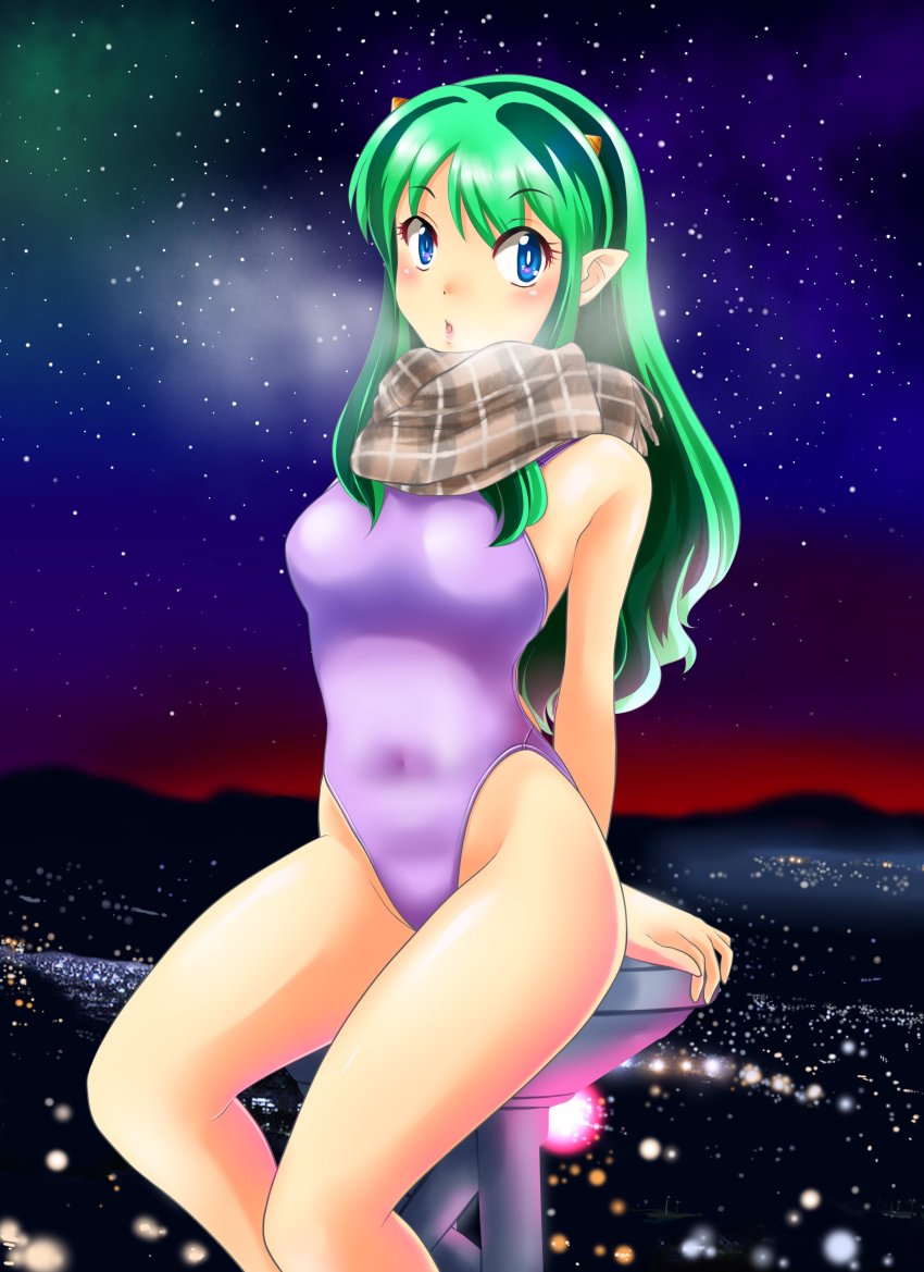 1girl, absurdres, blue_eyes, breath, brown_scarf, cityscape, commentary_request, competition_swimsuit