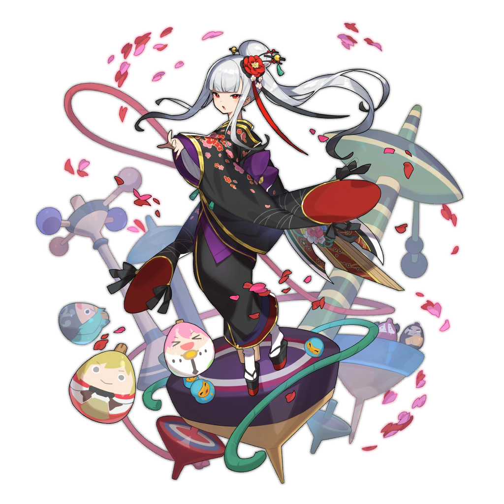 1girl, addis, cygames, daruma_doll, dragalia_lost, euden, female_focus, floral_print, flower, full_body, hair_flower, hair_ornament, ieyasu_(dragalia_lost), japanese_clothes, kimono, long_hair, new_year, nintendo, non-web_source, notte_(dragalia_lost), official_art, ranzal_(dragalia_lost), saitou_naoki, sash, sazanka_(dragalia_lost), silver_hair, solo, spinning_top, transparent_background