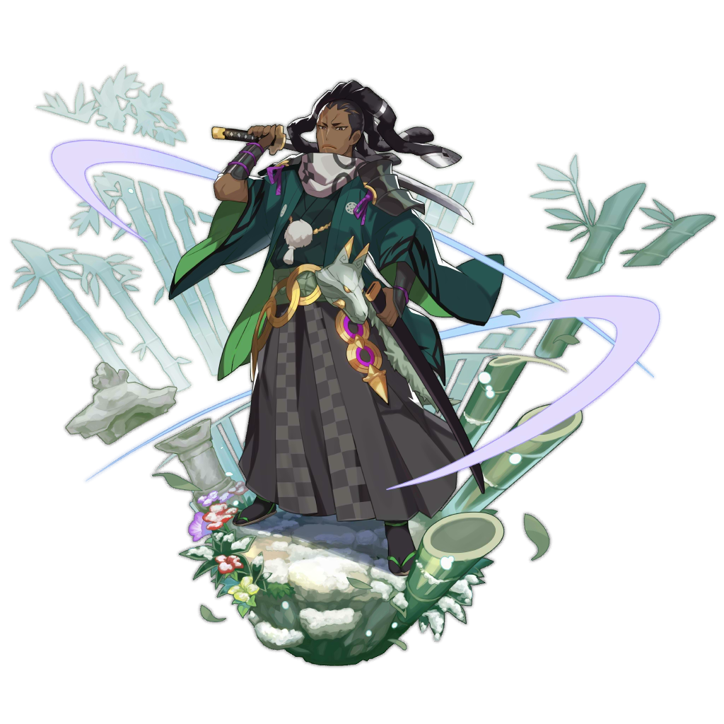 1boy, addis, bamboo, black_hair, black_legwear, brown_eyes, circle_cut, cygames, dark-skinned_male, dark_skin, dragalia_lost, frown, full_body, hakama, hakama_skirt, holding, holding_sword, holding_weapon, japanese_clothes, kimono, looking_at_viewer, male_focus, nintendo, non-web_source, official_art, saitou_naoki, samurai, skirt, slashing, solo, standing, sword, transparent_background, weapon