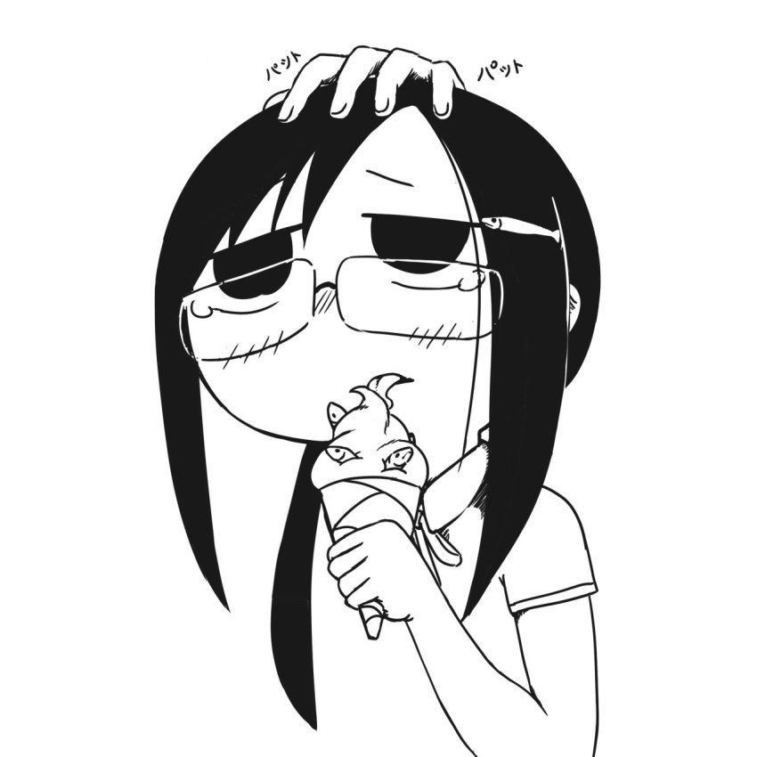 1girl, black_eyes, black_hair, disembodied_hand, drawfag, fish, food, glasses, hair_ornament, hairclip, hand_on_head, highres, ice_cream, monochrome, open_mouth, shimeji_simulation, tears, tsukishima_mina, tsukumizu, twintails