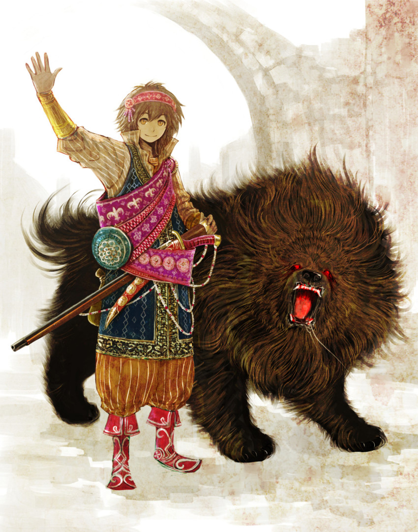 1boy, animal, antique_firearm, brown_hair, dog, eyebrows, fantasy, firearm