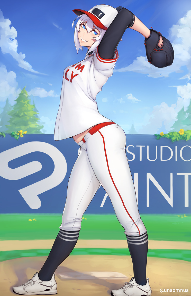 1girl, arms_up, baseball, baseball_cap, baseball_glove, baseball_uniform, black_legwear, blue_eyes, blue_sky, blush, breasts, commentary, day, english_commentary, fangs, female_focus, full_body, grin, hair_between_eyes, hat, lips, looking_at_viewer, luna_(unsomnus), original, outdoors, pants, pitching, pitching_mound, pointy_ears, shirt, short_hair, sky, small_breasts, smile, solo, sportswear, standing, tree, unsomnus, vampire, white_hair, white_pants, white_shirt