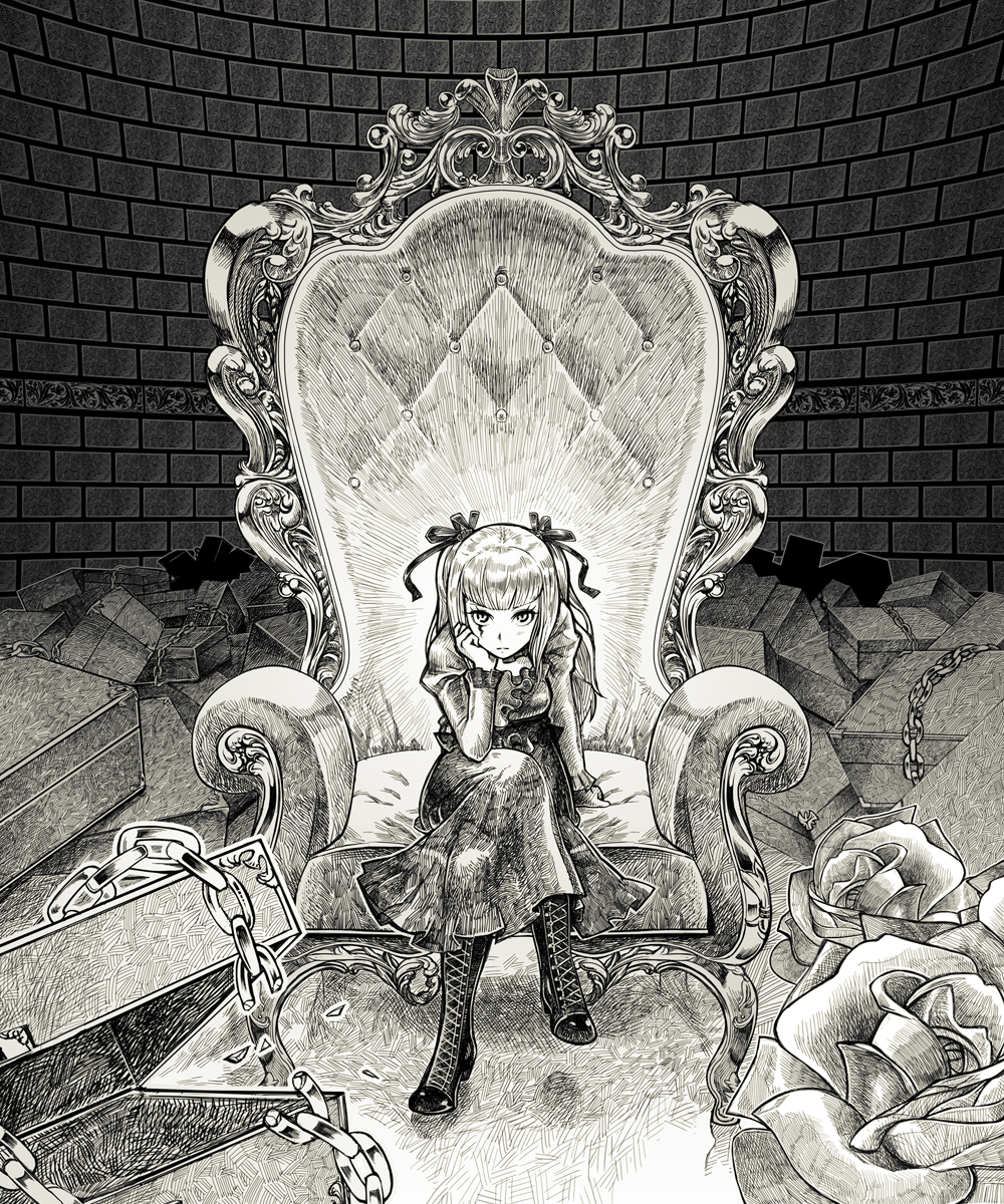 00s, 1girl, bad_id, bad_pixiv_id, boots, chain, chair, female_focus