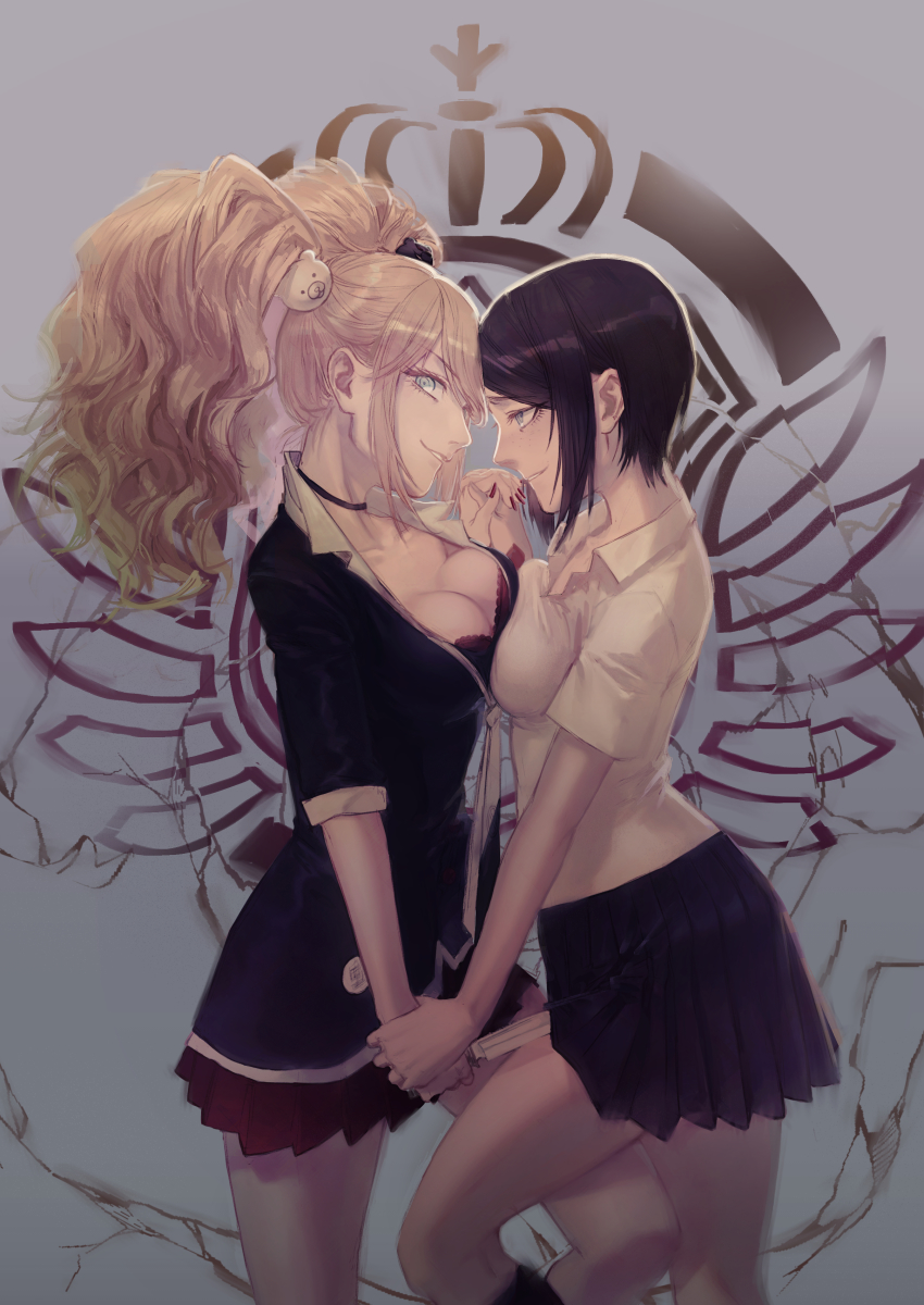 2girls, absurdres, bare_legs, bear_hair_ornament, black_hair, black_shirt, black_skirt, blonde_hair, blue_eyes, bra, bra_peek, breast_press, breasts, choker, cleavage, collarbone, couple, danganronpa_(series), enoshima_junko, female_focus, freckles, frottage, grin, hair_ornament, highres, holding_hands, ikusaba_mukuro, incest, interlocked_fingers, kkia, kneehighs, knife, large_breasts, leg_between_thighs, legs, long_hair, looking_at_another, looking_at_viewer, looking_to_the_side, medium_hair, multiple_girls, neck, necktie, pleated_skirt, red_skirt, shirt, short_hair, siblings, simple_background, sisters, skirt, smile, socks, spoilers, standing, twincest, twins, underwear, white_shirt, yuri