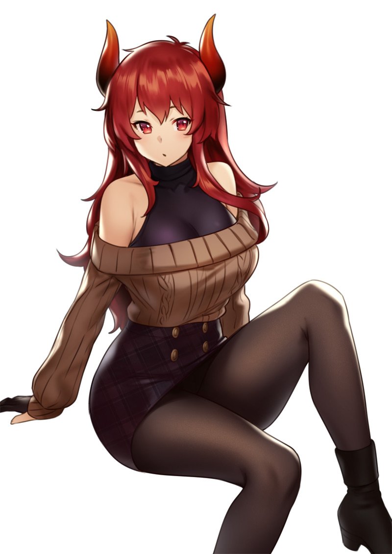1girl, bare_shoulders, black_boots, black_skirt, blush, boots, breasts, brown_sweater, buttons, dola_(2nd_costume)_(nijisanji), dola_(nijisanji), dragon_girl, female_focus, gloves, hair_between_eyes, horns, houtengeki, large_breasts, long_hair, looking_at_viewer, nijisanji, off-shoulder, off-shoulder_sweater, off_shoulder, open_mouth, pantyhose, plaid_clothes, plaid_skirt, red_eyes, red_hair, ribbed_sweater, simple_background, sitting, skirt, solo, sweater, thighs, turtleneck, virtual_youtuber, white_background