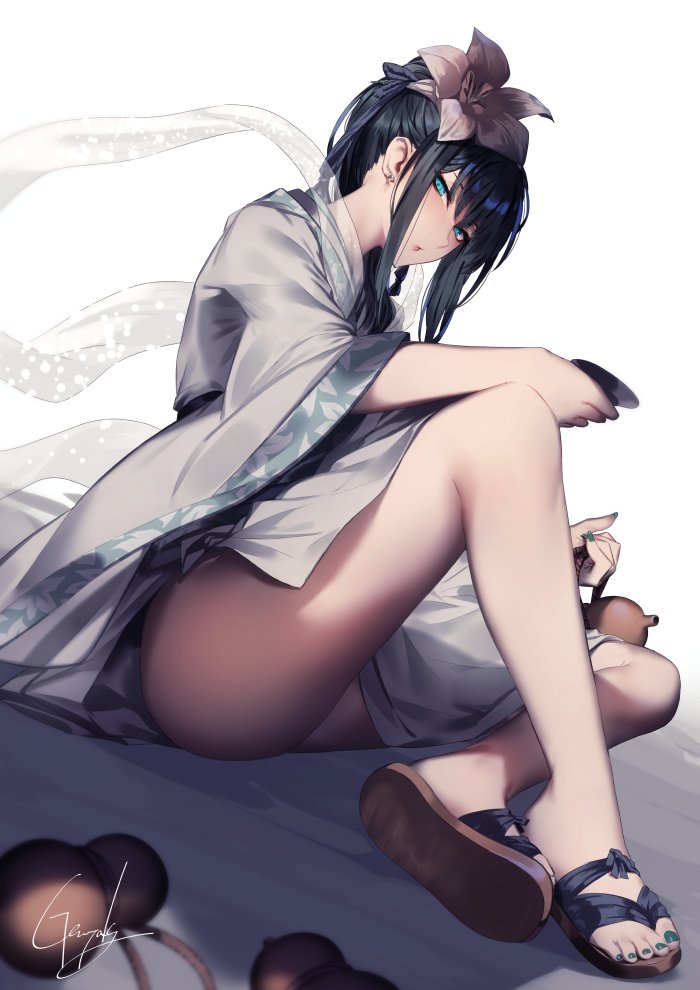 1girl, ass, bare_legs, black_hair, blue_eyes, blue_nails, closed_mouth, cup