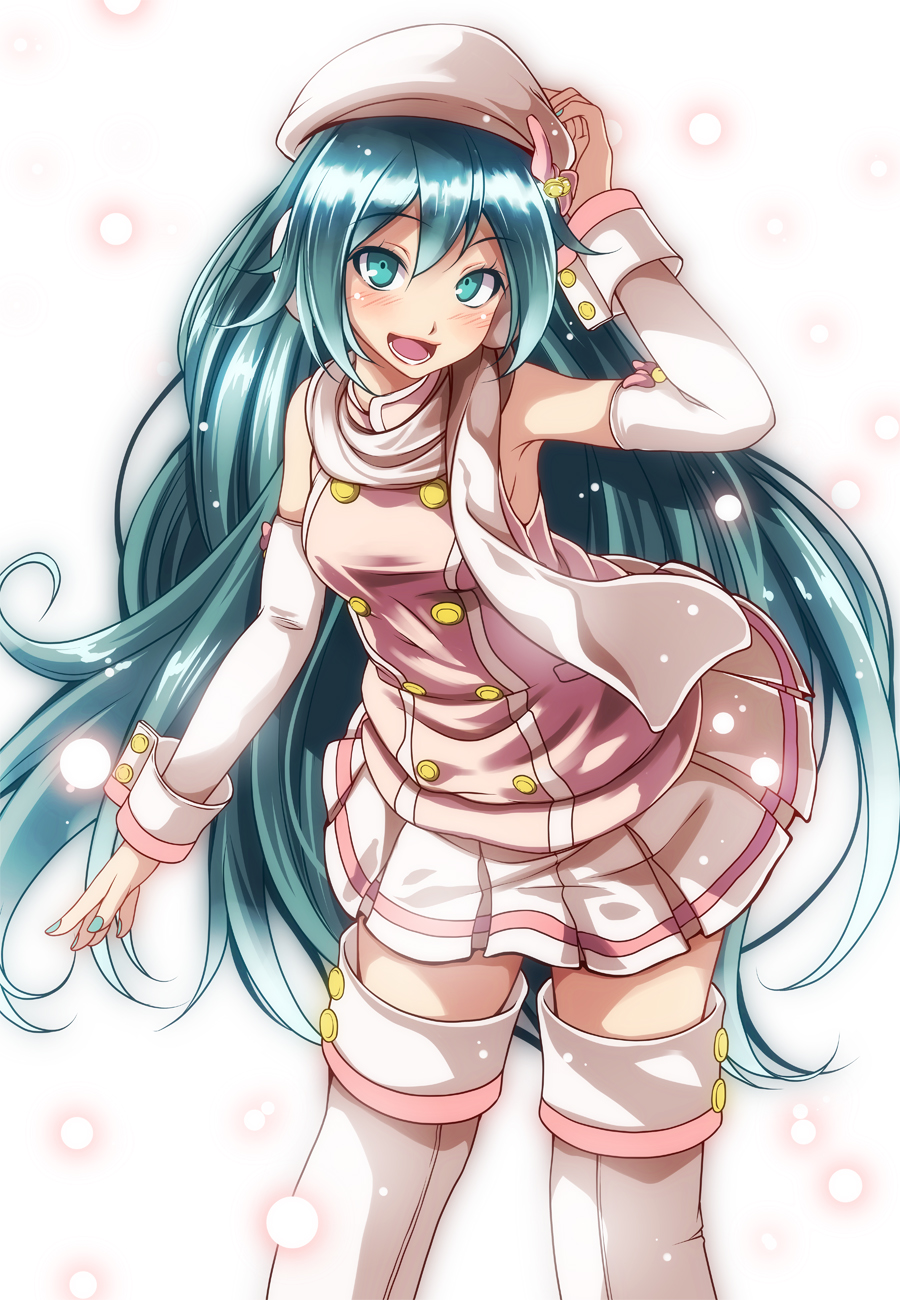 1girl, :d, aqua_eyes, aqua_hair, aqua_nails, arm_up, armpits, bare_shoulders