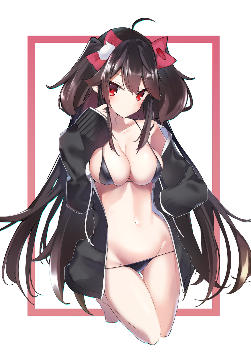 1girl, ahoge, bare_legs, bare_shoulders, barefoot, bikini, black_bikini, black_hair, black_jacket, blush, bow, breasts, cleavage, closed_mouth, collarbone, commentary_request, drawstring, female_focus, frown, full_body, gluteal_fold, groin, hair_bow, hand_on_own_hip, hand_up, harenchi, highres, jacket, kuusou_code_plus, legs_up, long_hair, long_sleeves, looking_at_viewer, lowleg, medium_breasts, micro_bikini, navel, off_shoulder, open_clothes, open_jacket, pointy_ears, red_bow, red_eyes, sidelocks, sleeves_past_wrists, solo, stomach, swimsuit, thighs, two_side_up, very_long_hair, virtual_youtuber, yoruno_tobari