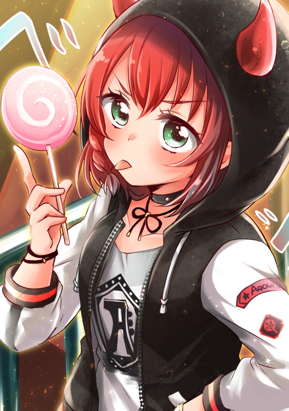 1girl, :p, black_choker, blush, bracelet, braid, candy, choker