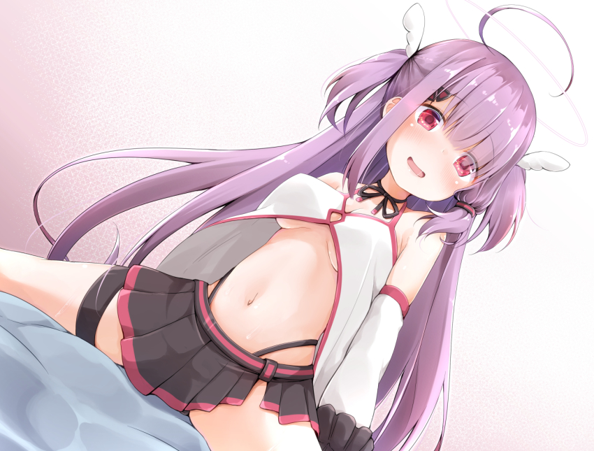 1girl, :d, ahoge, armpit_crease, bare_shoulders, bed_sheet, black_choker, black_panties