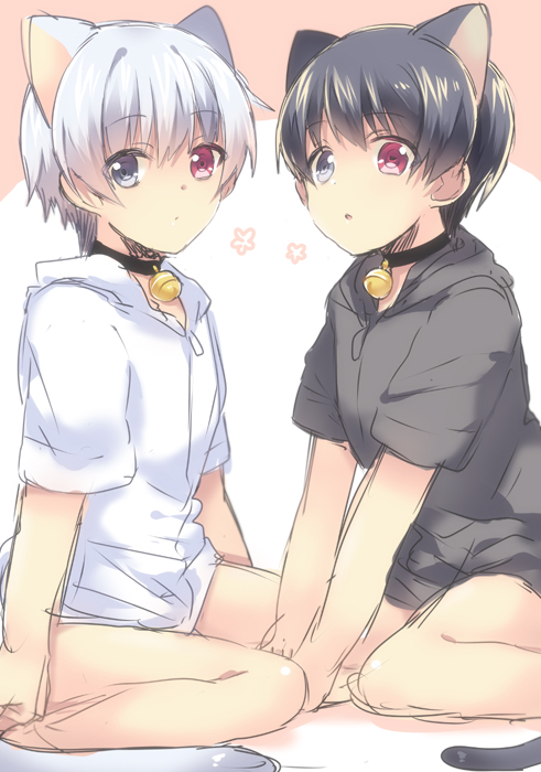 2boys, animal_ears, bare_legs, barefoot, bell, black_collar, black_hair, black_vs_white