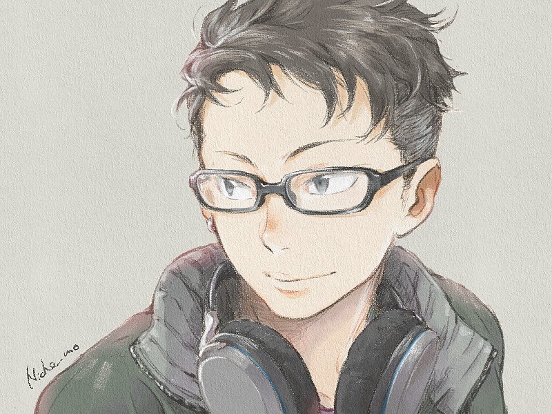 1boy, black-framed_eyewear, black_hair, earrings, green_jacket, grey_background, grey_eyes, headphones, headphones_around_neck, jacket, jewelry, kaze_ga_tsuyoku_fuiteiru, looking_to_the_side, niche_mo, single_earring, smile, twitter_username, yukihiro_iwakura