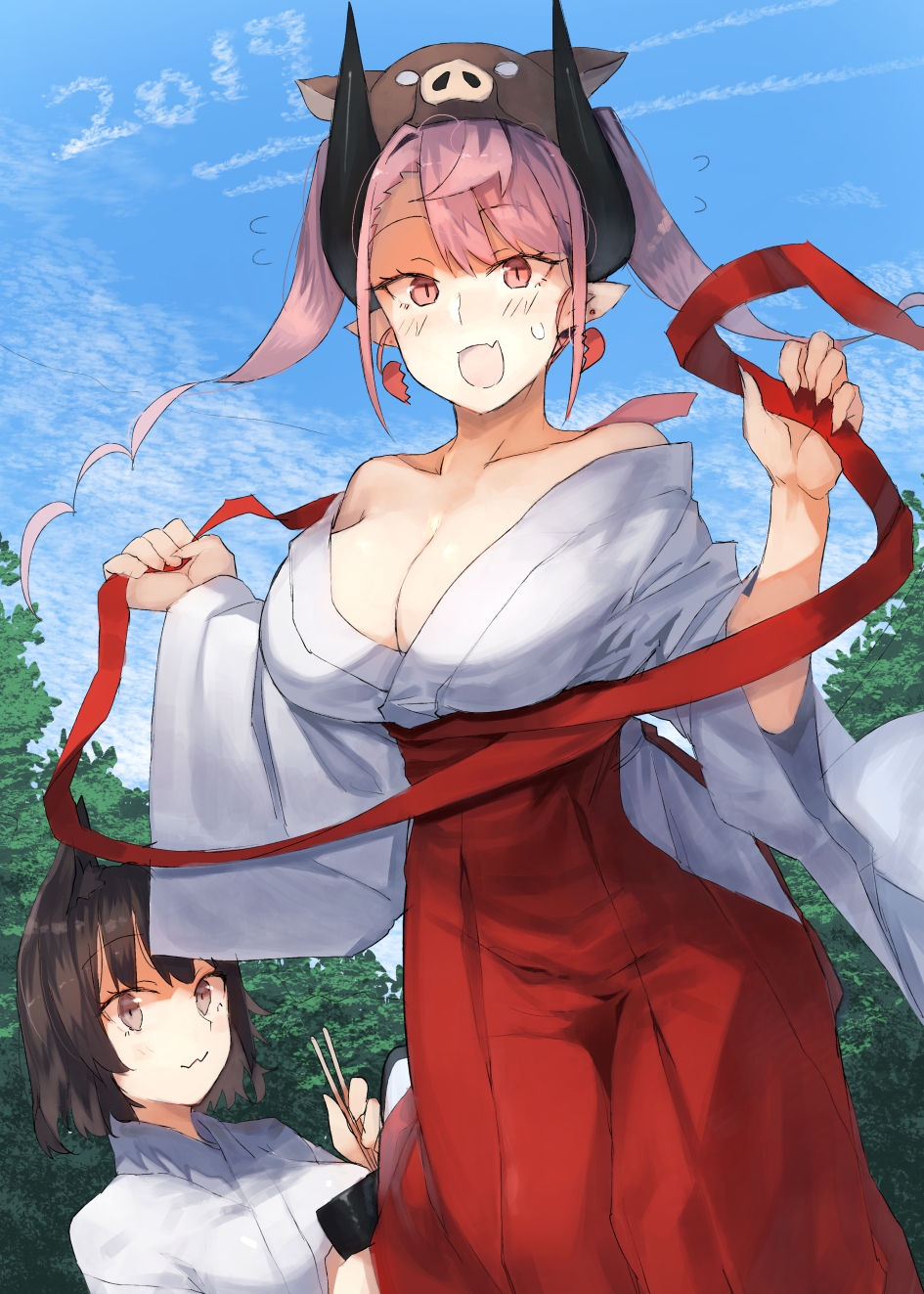 2019, 2girls, :3, :d, animal_ear_fluff, animal_ears, animal_hat, bad_id, bad_pixiv_id, bare_shoulders, blue_sky, blush, breasts, brown_eyes, brown_hair, chopsticks, cleavage, clothing_cutout, cloud, collarbone, commentary_request, contrail, day, dutch_angle, earrings, fang, feet_out_of_frame, flying_sweatdrops, hakama, hakama_skirt, hands_up, hat, highres, hip_vent, holding, holding_chopsticks, horns, japanese_clothes, jewelry, kimono, large_breasts, long_hair, long_sleeves, looking_at_viewer, miko, multiple_girls, no_bra, off_shoulder, open_mouth, original, outdoors, pig_hat, pink_eyes, pink_hair, pointy_ears, red_hakama, red_sash, sash, short_hair, skin_fang, skirt, sky, smile, standing, suminagashi, sweat, sweatdrop, tree, twintails, upper_body, white_kimono, wide_sleeves, wolf_ears
