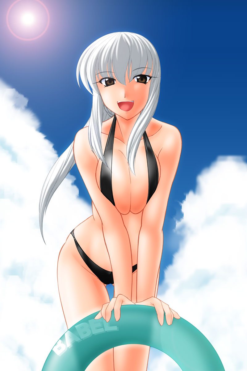 00s, 1girl, bikini, black_bikini, breasts, breasts_squeezed_together, brown_eyes, cleavage