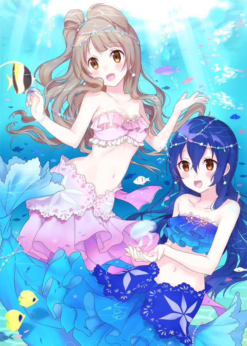 10s, 2girls, absurdres, blue_hair, blush, commentary_request, earrings, fish