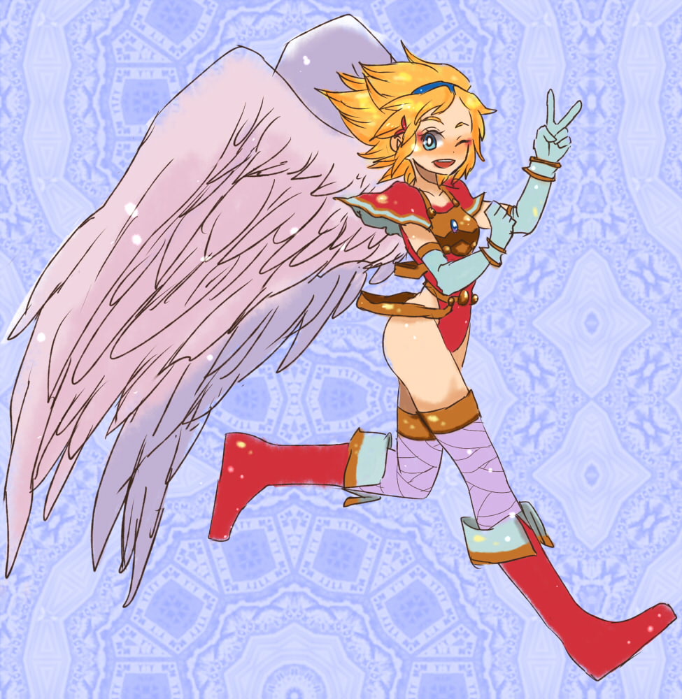 1girl, angel_wings, armor, ass, blonde_hair, blue_eyes, boots, breastplate