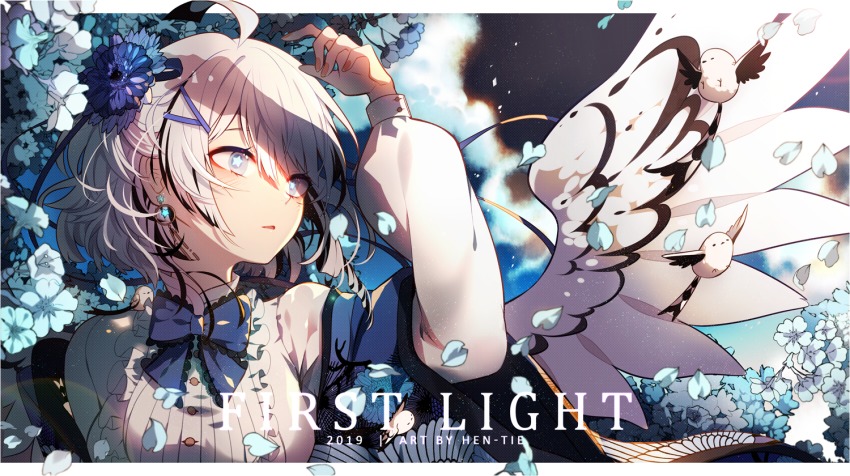 1girl, 2019, ahoge, artist_name, bird, blanc_(hen-tie), blue_eyes, blush