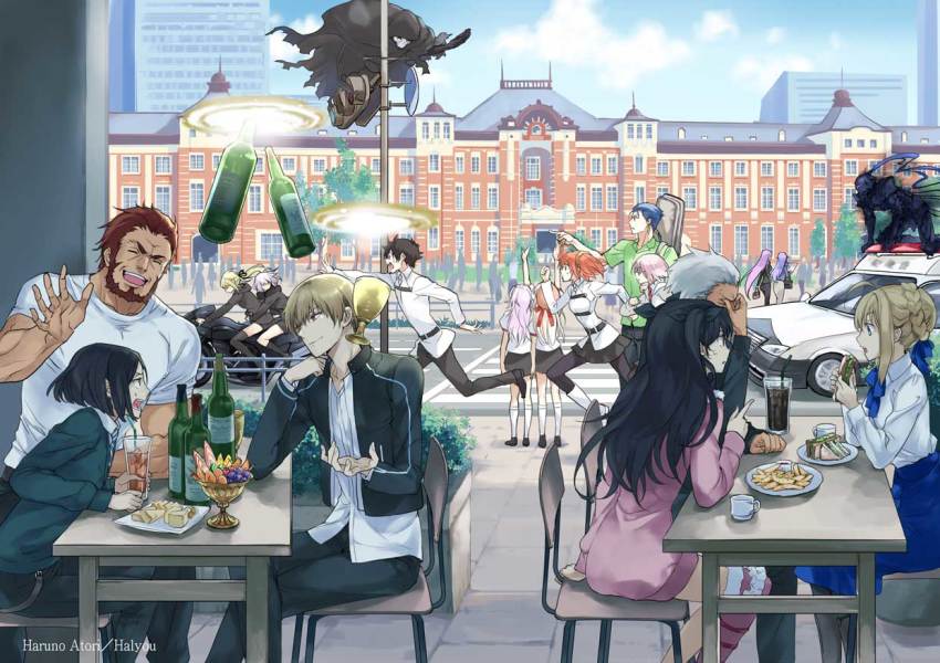 6+boys, 6+girls, ahoge, aikawa_you, alternate_costume, annoyed, archer_(casual_wear)_(fate), archer_(fate)