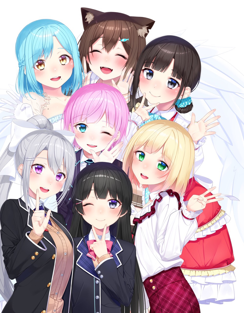 1boy, 6+girls, angel_wings, animal_ears, bare_shoulders, black_hair, black_jacket, blonde_hair