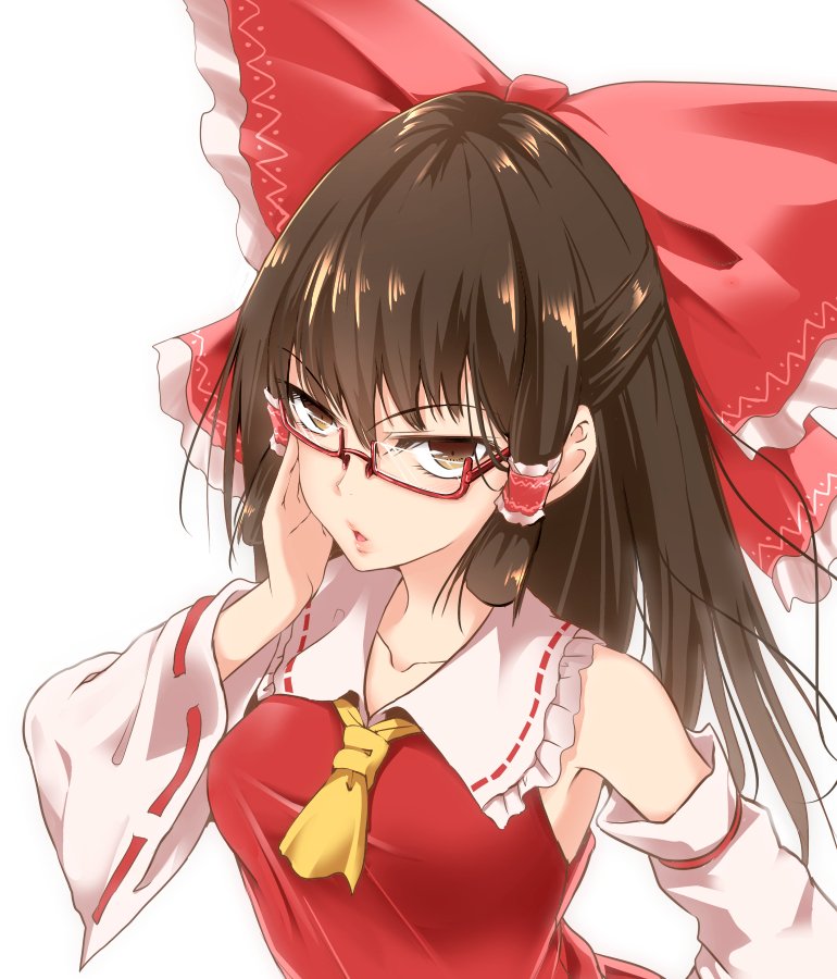 1girl, adjusting_eyewear, ascot, bespectacled, bow, breasts, brown_eyes, brown_hair, detached_sleeves, female_focus, glasses, hair_bow, hair_tubes, hakurei_reimu, huge_bow, lips, long_hair, medium_breasts, parted_lips, red-framed_eyewear, red_bow, ribbon-trimmed_sleeves, ribbon_trim, sidelocks, simple_background, solo, takashi_(harukasaigusa), touhou, underwear, white_background, wide_sleeves, yellow_ascot