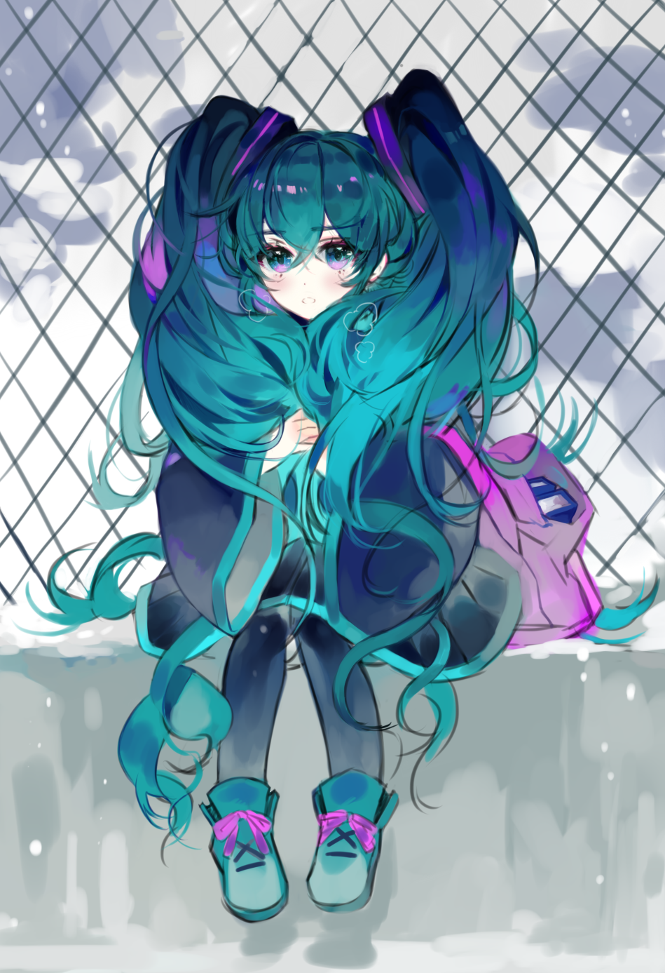 1girl, aqua_eyes, aqua_hair, aqua_shoes, black_legwear, black_sleeves, breath, chain-link_fence