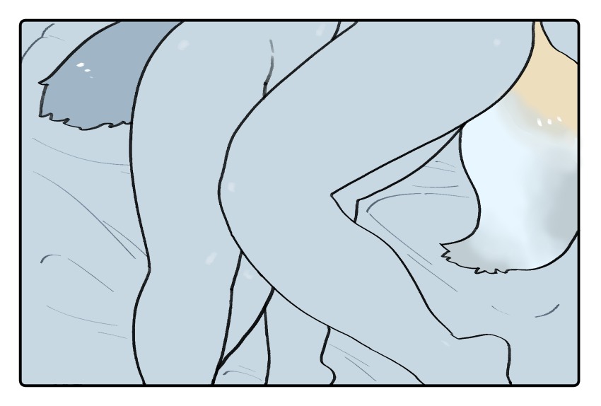 10s, 1koma, 2girls, bad_id, bad_pixiv_id, barefoot, bird_tail, comic, completely_nude, fox_tail, from_above, groin, gunzan, highres, kemono_friends, legs, lower_body, lying, multiple_girls, nude, on_bed, on_side, out_of_frame, segmented_comic, shoebill_(kemono_friends), silent_comic, tail, tibetan_fox_(kemono_friends), yuri