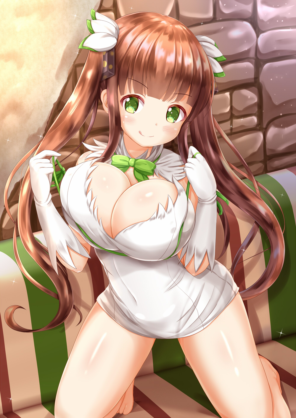 1girl, :q, bare_legs, barefoot, blush, bow, breasts, brick_wall