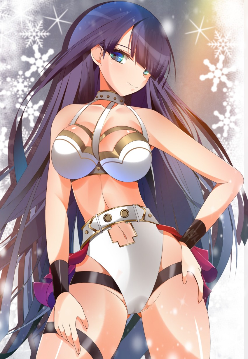 1girl, bikini, blue_eyes, blunt_bangs, breasts, cameltoe, clothing_cutout, commentary_request
