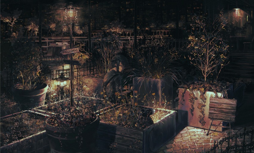 absurdres, atsuki0814, botanical_garden, chair, city, dress_shirt, english_text, glasses, hat, highres, huge_filesize, lamppost, looking_at_viewer, looking_back, night, original, plant, potted_plant, sepia, shirt, sign, solo, suspenders, vines