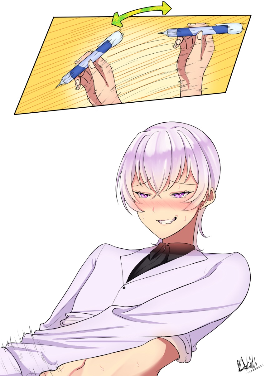 1boy, absurdres, band-width, blush, clenched_teeth, clothes_lift, comic, correction_fluid, half-closed_eyes, heart, heart-shaped_pupils, highres, implied_masturbation, light_purple_hair, male_focus, motion_lines, navel, original, pen, personification, purple_eyes, rolling_eyes, sexually_suggestive, shirt, shirt_lift, short_hair, silent_comic, solo, speed_lines, sweat, symbol-shaped_pupils, teeth, white_background, white_shirt