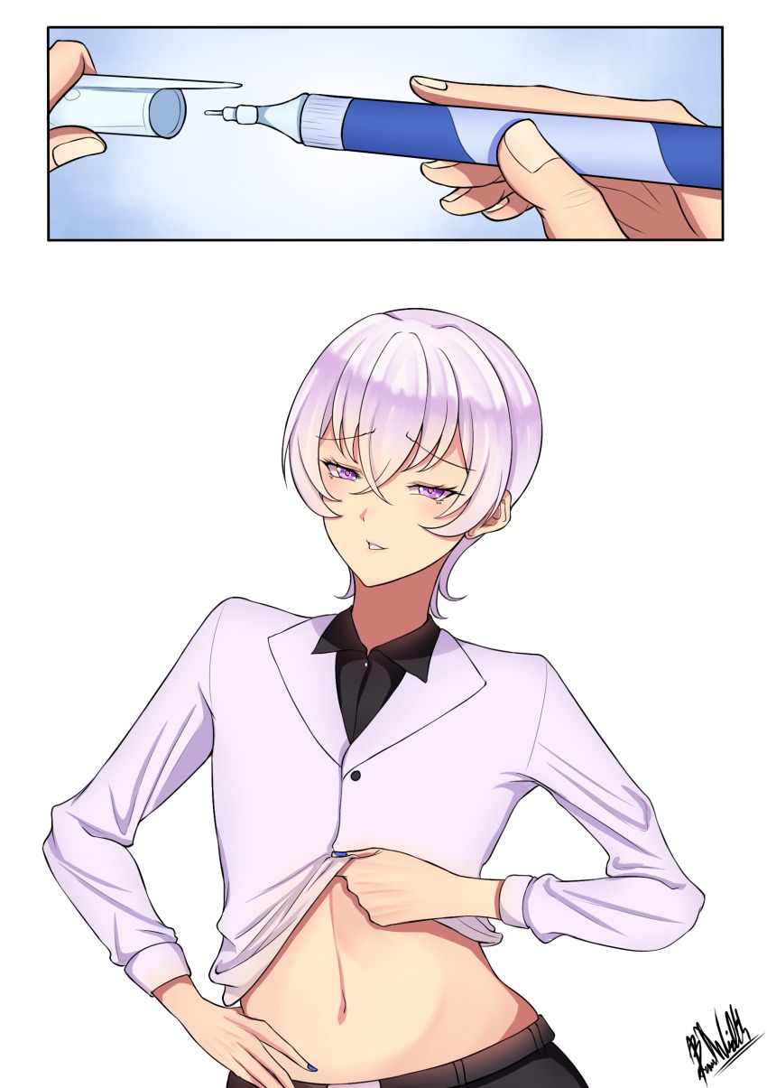 1boy, absurdres, band-width, clothes_lift, comic, correction_fluid, hair_between_eyes, heart, heart-shaped_pupils, highres, lifting_own_clothes, light_purple_hair, looking_at_viewer, male_focus, navel, original, pen, personification, purple_eyes, shirt, shirt_lift, short_hair, silent_comic, solo_focus, symbol-shaped_pupils, white_background, white_shirt