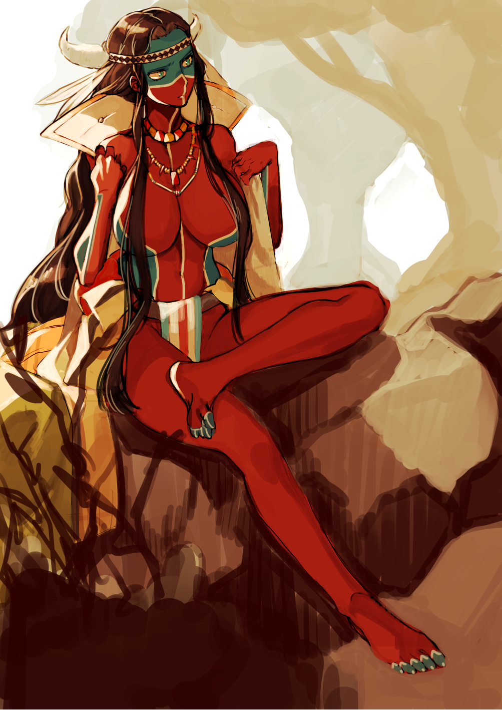 1girl, bare_shoulders, barefoot, black_hair, blue_eyes, bodypaint, breasts, cleavage