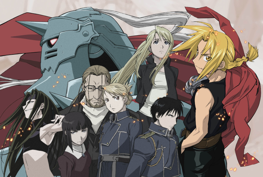 00s, 3girls, 5boys, absurdres, aiguillette, alphonse_elric, androgynous, armor, automail, beard, black_eyes, black_hair, blonde_hair, blunt_bangs, bob_cut, braid, coat, dante_(fma), dress, earrings, edward_elric, envy_(fma), everyone, facial_hair, fullmetal_alchemist, glasses, green_hair, headband, highres, homunculus, ito_yoshiyuki, jewelry, long_hair, lyra_(fma), midriff, military, military_uniform, multiple_boys, multiple_girls, necklace, official_art, ponytail, prosthesis, purple_eyes, riza_hawkeye, roy_mustang, short_hair, skin_tight, smile, tank_top, van_hohenheim, winry_rockbell, yellow_eyes