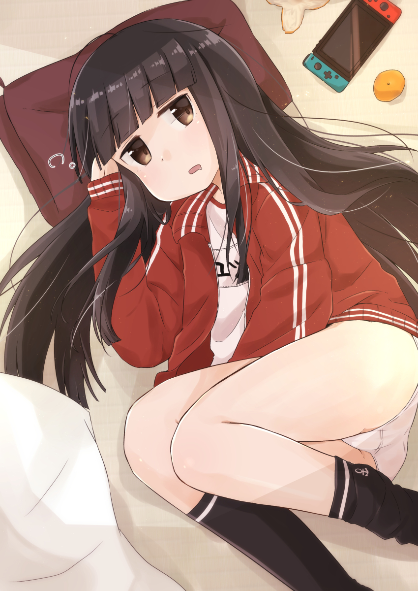 1girl, alternate_costume, aoshima_sakana, black_hair, black_socks, blunt_bangs, brown_eyes, cushion