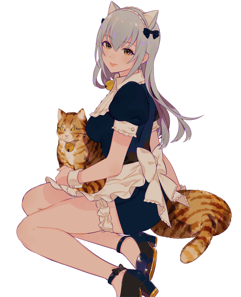 1girl, animal_ears, apron, back_bow, bad_id, bad_twitter_id, bell, black_bow